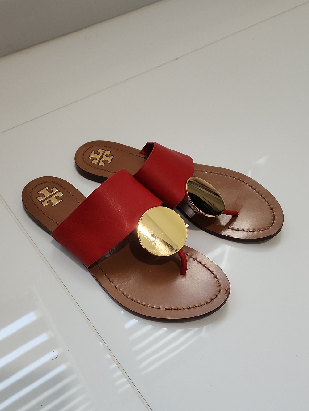 Tory Burch Patos Red Leather Slide Sandals with Gold Medallion